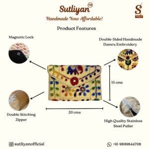 SUTLIYAN Women's Rajasthani Handmade Damru Embroidery Small Beige Clutch Bag