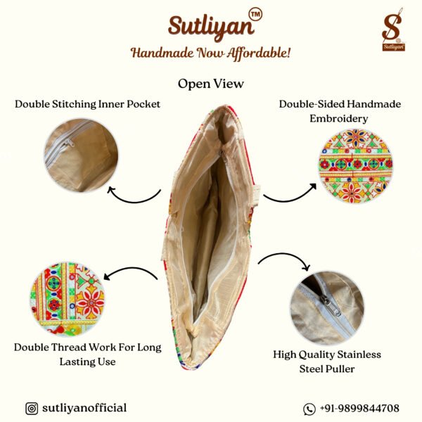 SUTLIYAN Women's Ahmedabadi Handmade Flower Embroidery Large White Tote Bag
