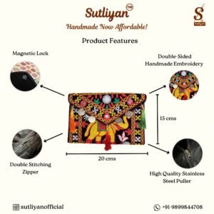SUTLIYAN Women's Rajasthani Handmade Elephant Embroidery Small Black Coin Clutch Bag