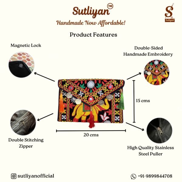 SUTLIYAN Women's Rajasthani Handmade Elephant Embroidery Small Black Coin Clutch Bag