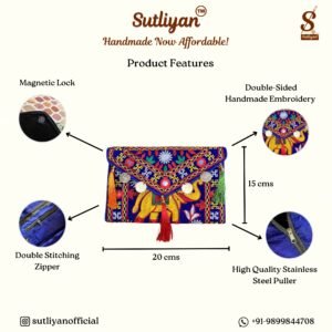 SUTLIYAN Women's Rajasthani Handmade Elephant Embroidery Small Blue Coin Clutch Bag