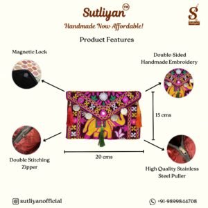 SUTLIYAN Women's Rajasthani Handmade Elephant Embroidery Small Maroon Coin Clutch Bag