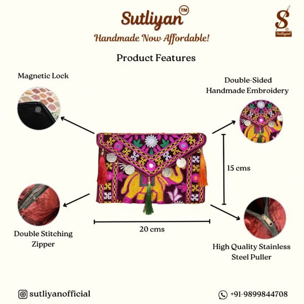 SUTLIYAN Women's Rajasthani Handmade Elephant Embroidery Small Maroon Coin Clutch Bag