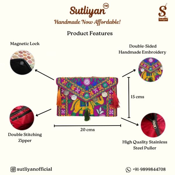 SUTLIYAN Women's Rajasthani Handmade Elephant Embroidery Small Pink Coin Clutch Bag