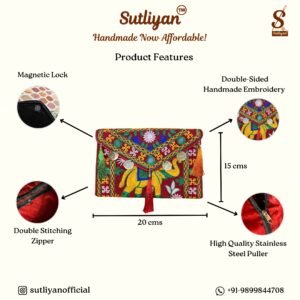 SUTLIYAN Women's Rajasthani Handmade Elephant Embroidery Small Red Coin Clutch Bag