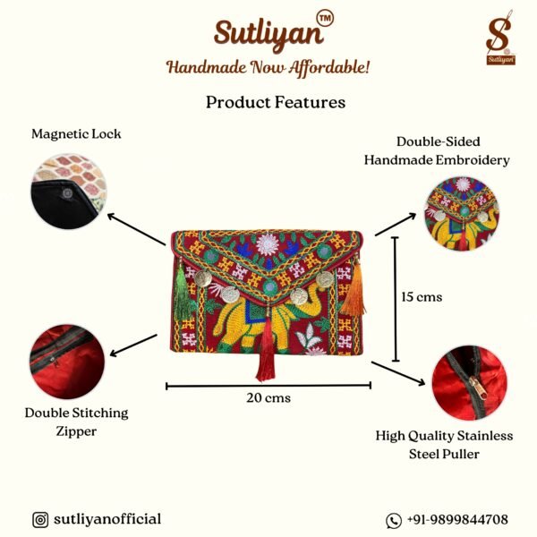 SUTLIYAN Women's Rajasthani Handmade Elephant Embroidery Small Red Coin Clutch Bag