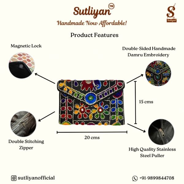 SUTLIYAN Women's Rajasthani Handmade Damru Embroidery Small Black Clutch Bag