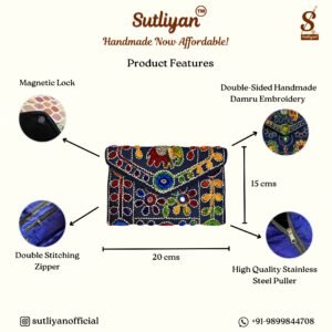 SUTLIYAN Women's Rajasthani Handmade Damru Embroidery Small Blue Clutch Bag