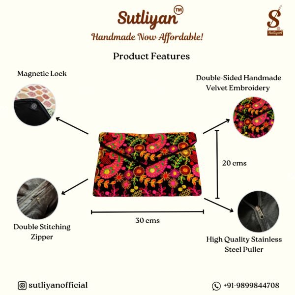 SUTLIYAN Women's Rajasthani Handmade Flower Embroidery Regular Black Clutch Bag