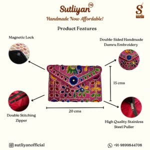 SUTLIYAN Women's Rajasthani Handmade Damru Embroidery Small Pink Clutch Bag