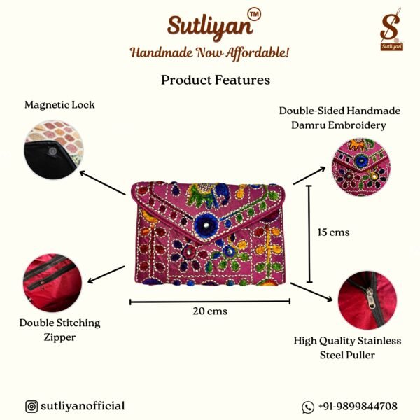 SUTLIYAN Women's Rajasthani Handmade Damru Embroidery Small Pink Clutch Bag