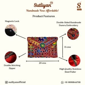 SUTLIYAN Women's Rajasthani Handmade Damru Embroidery Small Red Clutch Bag