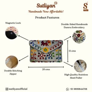 SUTLIYAN Women's Rajasthani Handmade Damru Embroidery Small Silver Clutch Bag