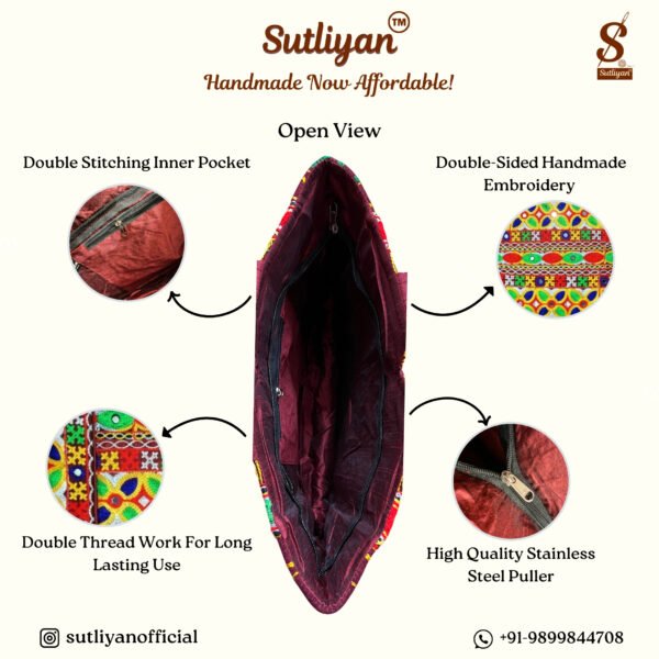 SUTLIYAN Women's Rajasthani Handmade Flower Embroidery Regular Maroon Tote Bag