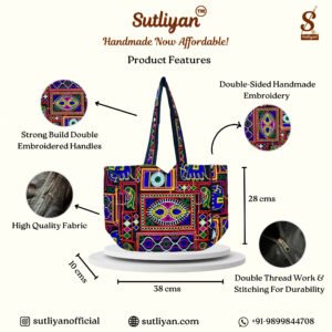 SUTLIYAN Women's Gujarati Handmade Oon Embroidery Regular Black Tote Bag