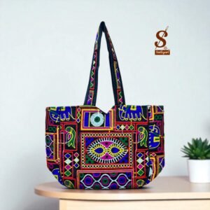SUTLIYAN Women's Gujarati Handmade Oon Embroidery Regular Black Tote Bag