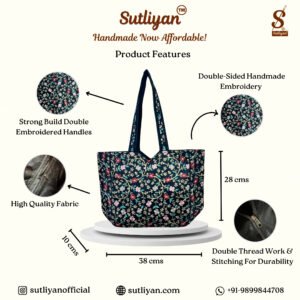 SUTLIYAN Women's Gujarati Handmade Sherwani Embroidery Regular Black Tote Bag
