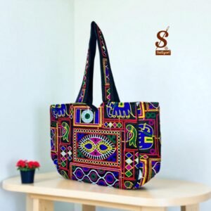SUTLIYAN Women's Gujarati Handmade Oon Embroidery Regular Black Tote Bag