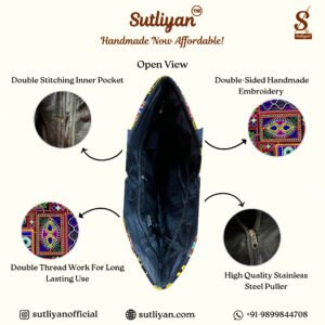 SUTLIYAN Women's Gujarati Handmade Oon Embroidery Regular Black Tote Bag