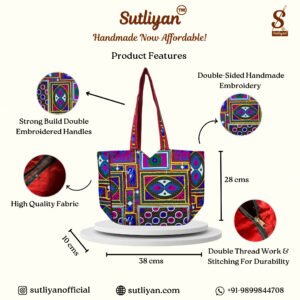 SUTLIYAN Women's Gujarati Handmade Oon Embroidery Regular Red Tote Bag