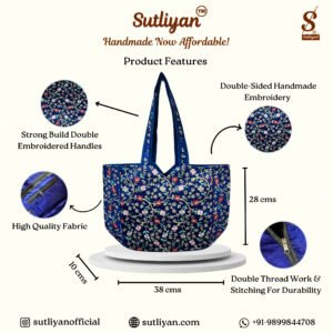 SUTLIYAN Women's Gujarati Handmade Sherwani Embroidery Regular Blue Tote Bag
