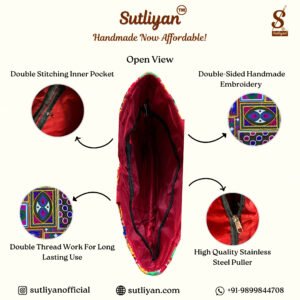 SUTLIYAN Women's Gujarati Handmade Oon Embroidery Regular Red Tote Bag